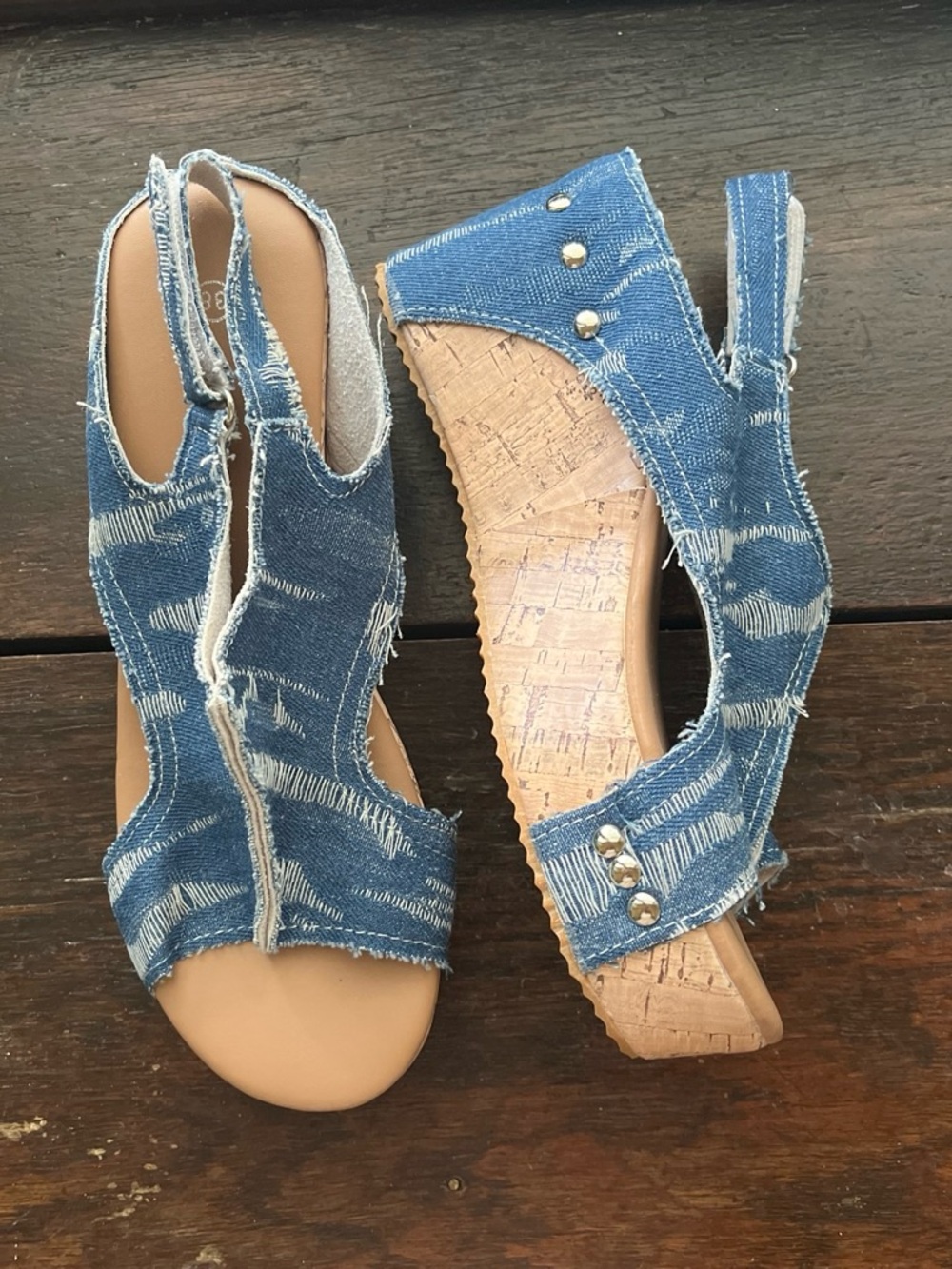 Amazon Distressed Denim Wedge Slingback Sandals - Blue